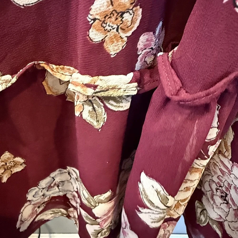 Maurices XXL Burgundy Floral Ruffle Faux Wrap Dress Long Sleeve Boho Midi - Picture 5 of 16